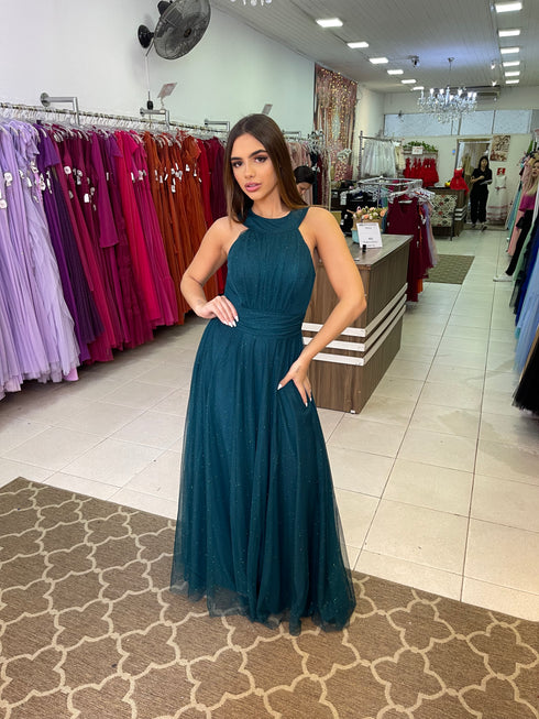 VESTIDO DE GOLA TULE TRABALHADO